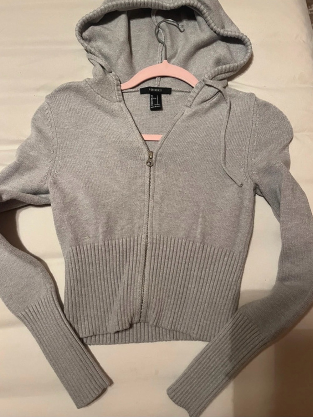 Forever 21 Light Gray Hooded Zip Cardigan